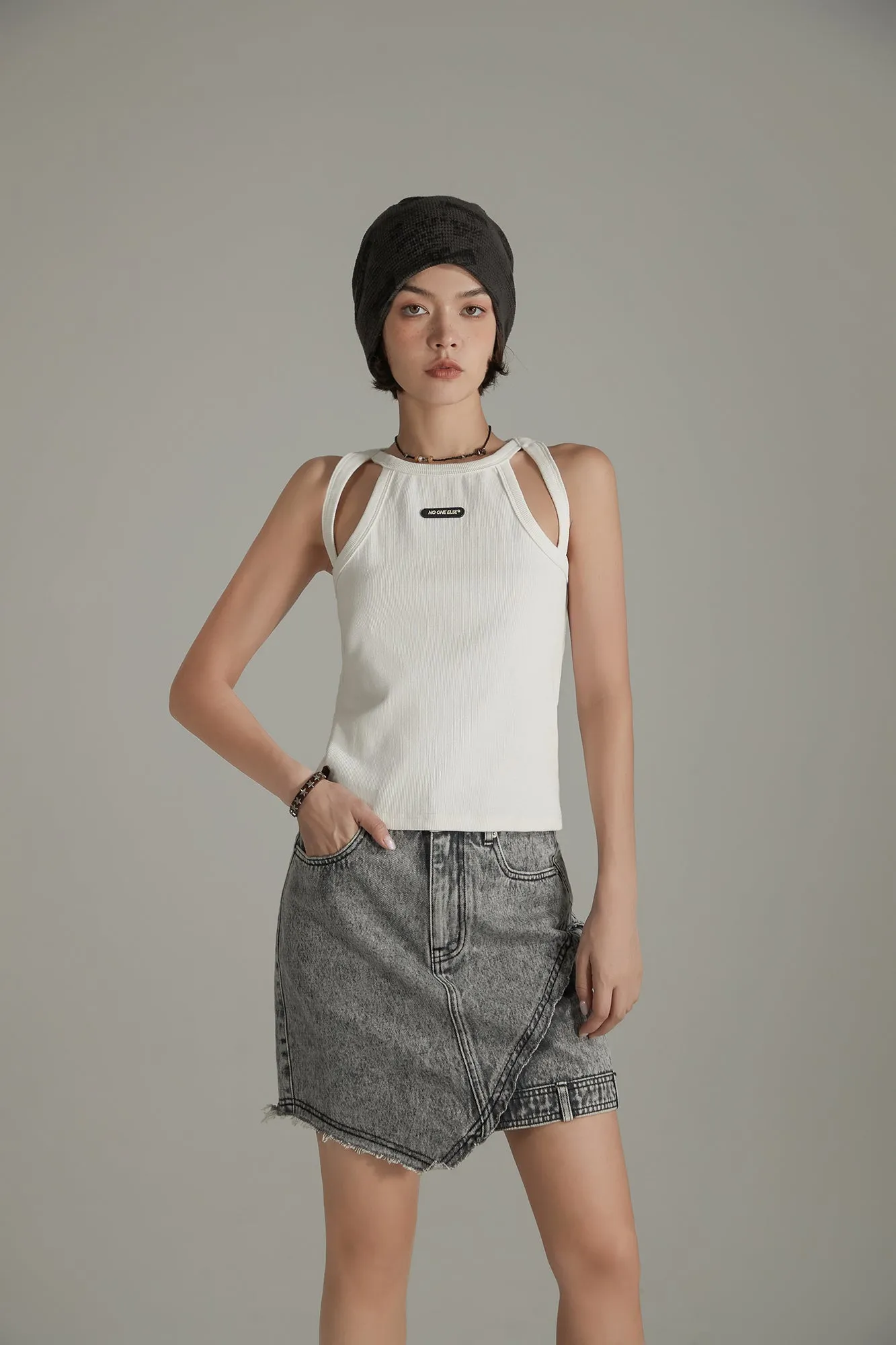 Shoulder Slits Logo Basic Slim Top