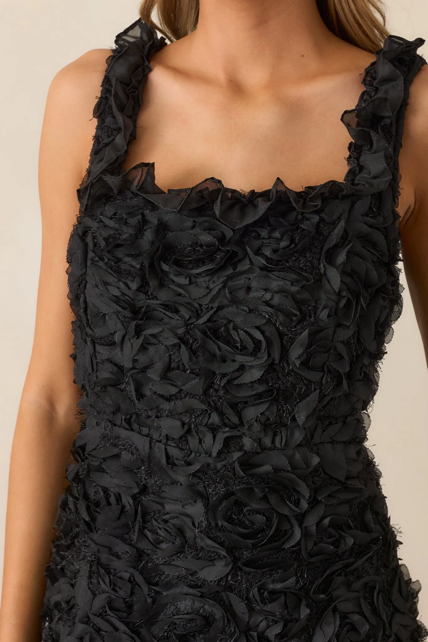 Something Good Black Floral Applique Midi Dress