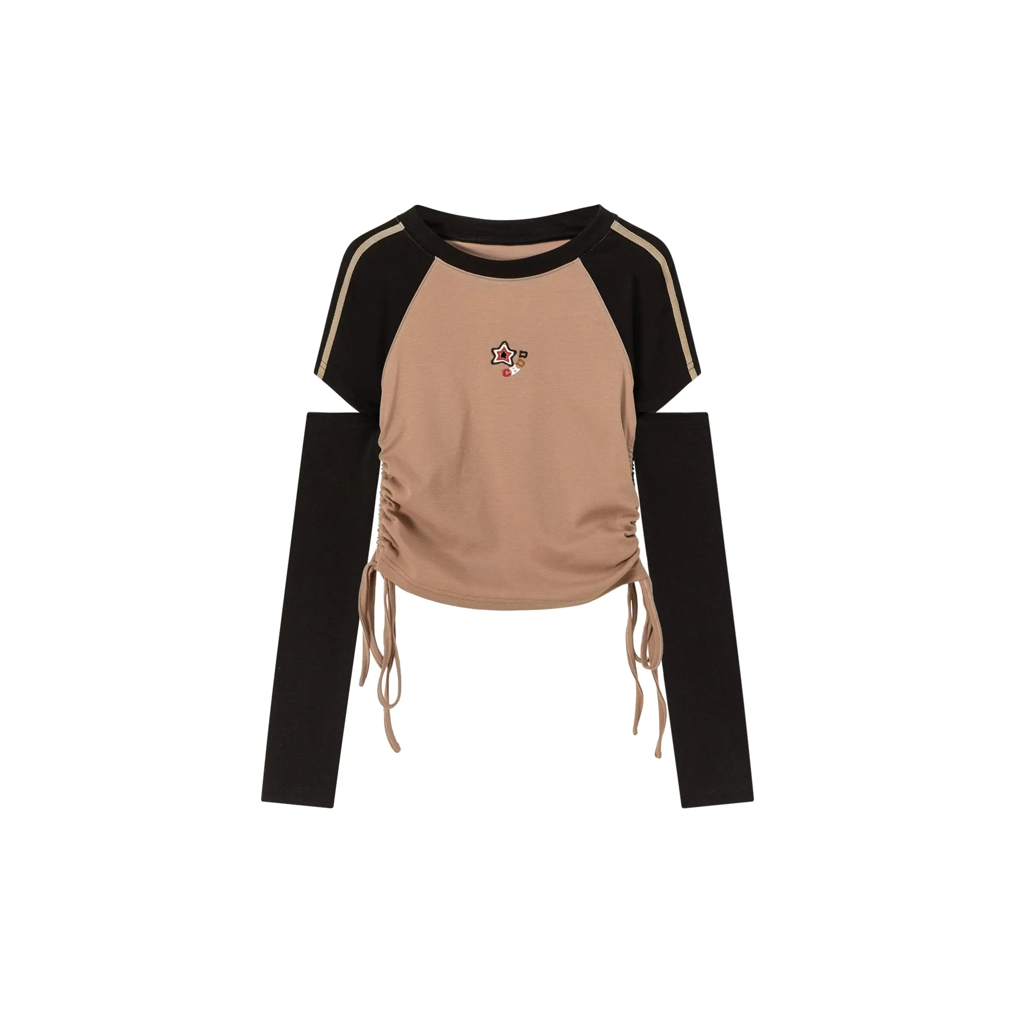 Star Logo Cutout Shirring Waist Long Sleeves Top