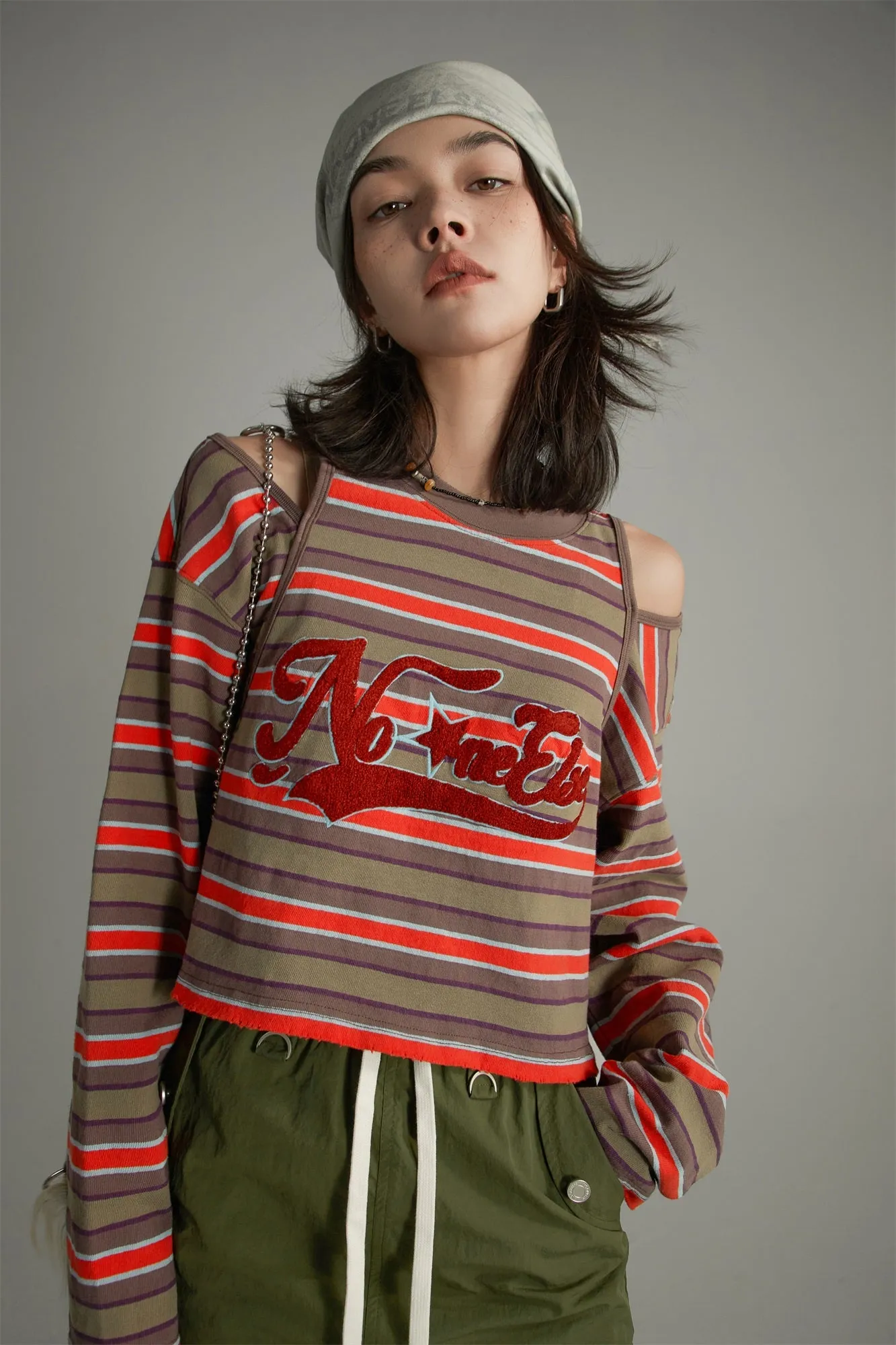 Star Logo Striped Cutout Shoulders Top