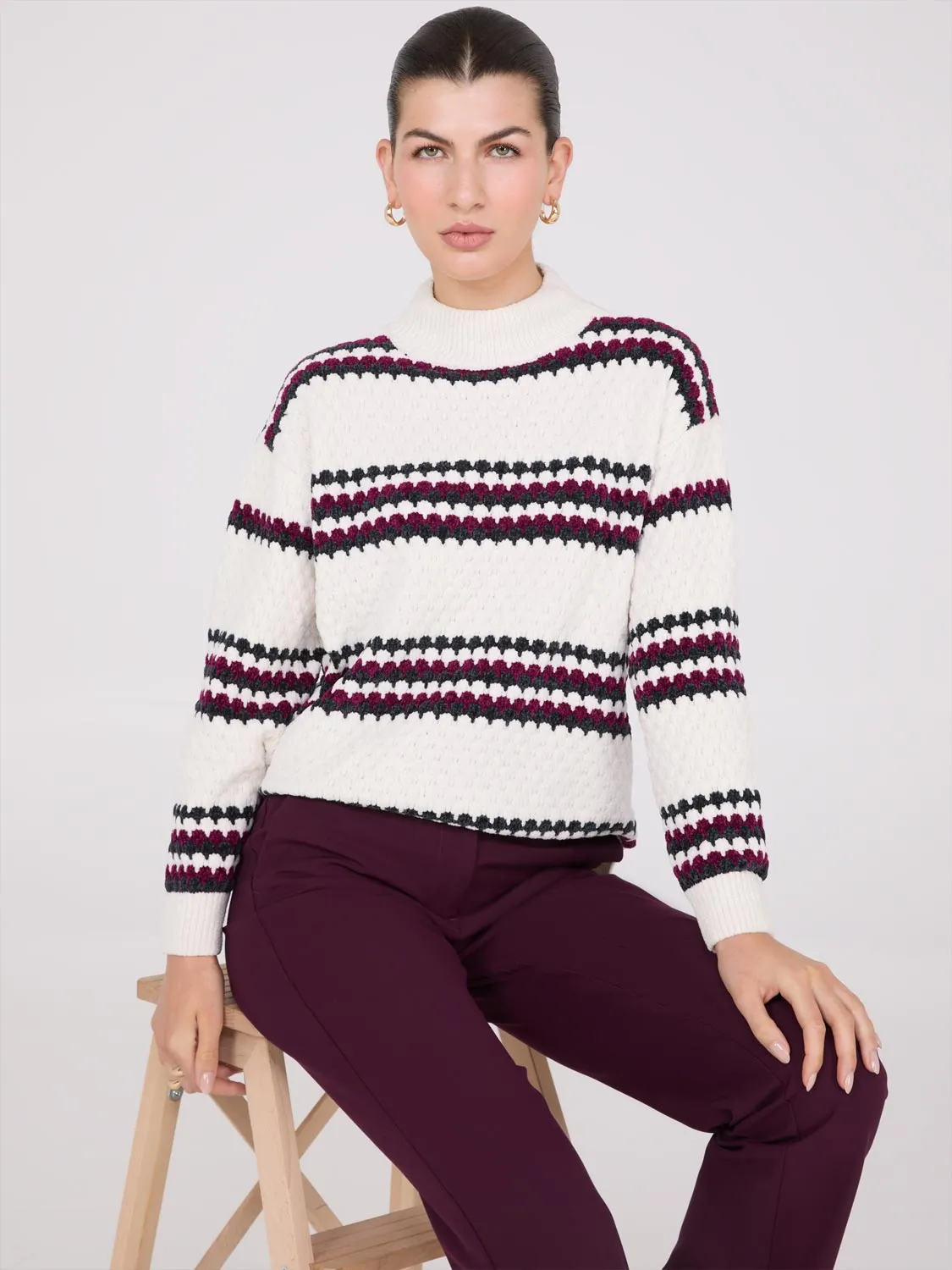 Striped Chenille Mock Neck Sweater