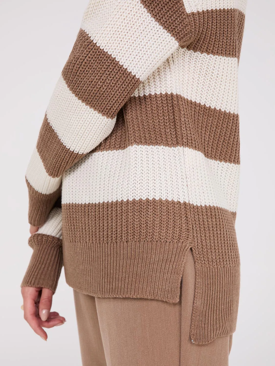 Striped Mock Neck Sweater With Side Slits