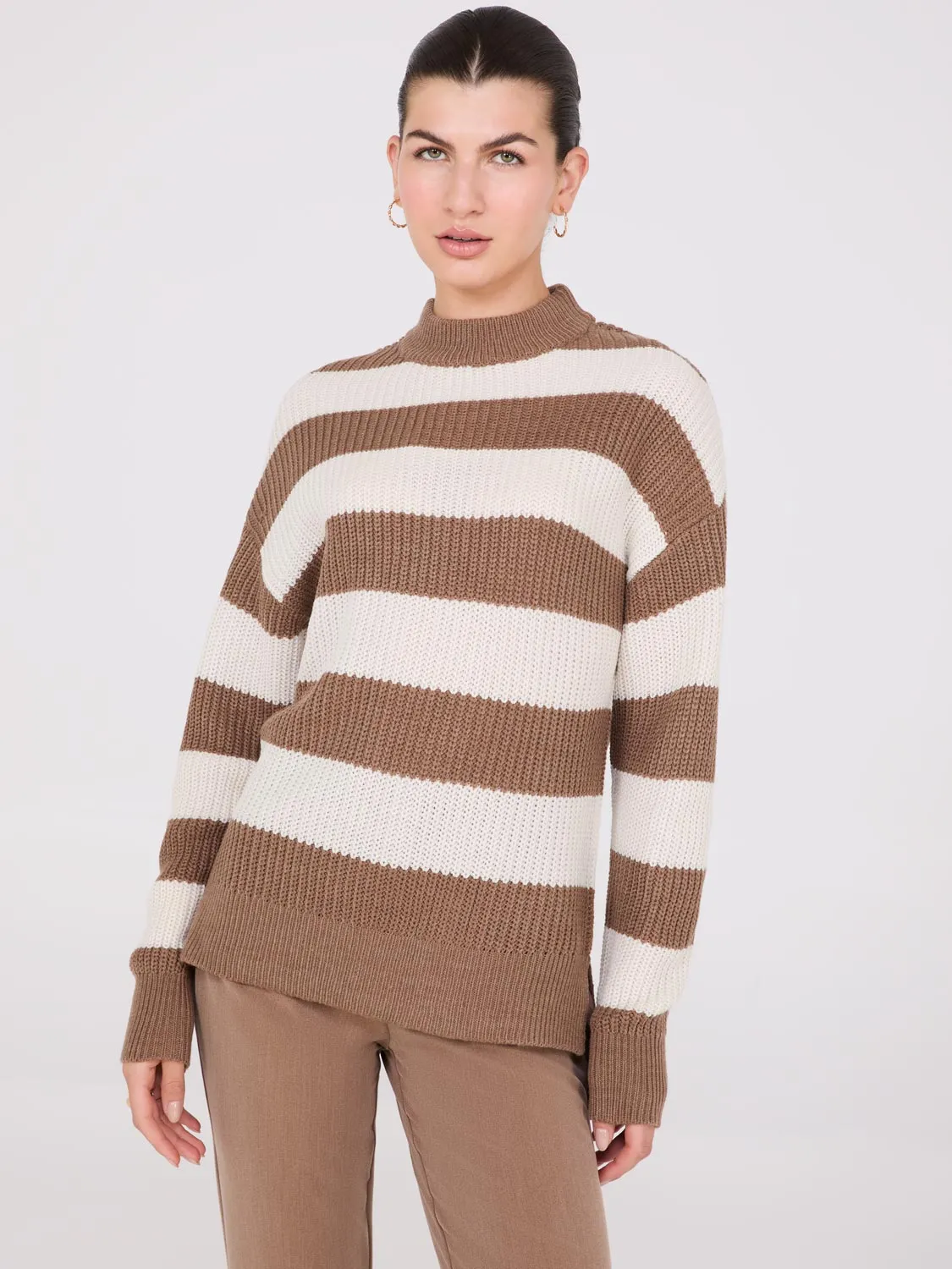 Striped Mock Neck Sweater With Side Slits