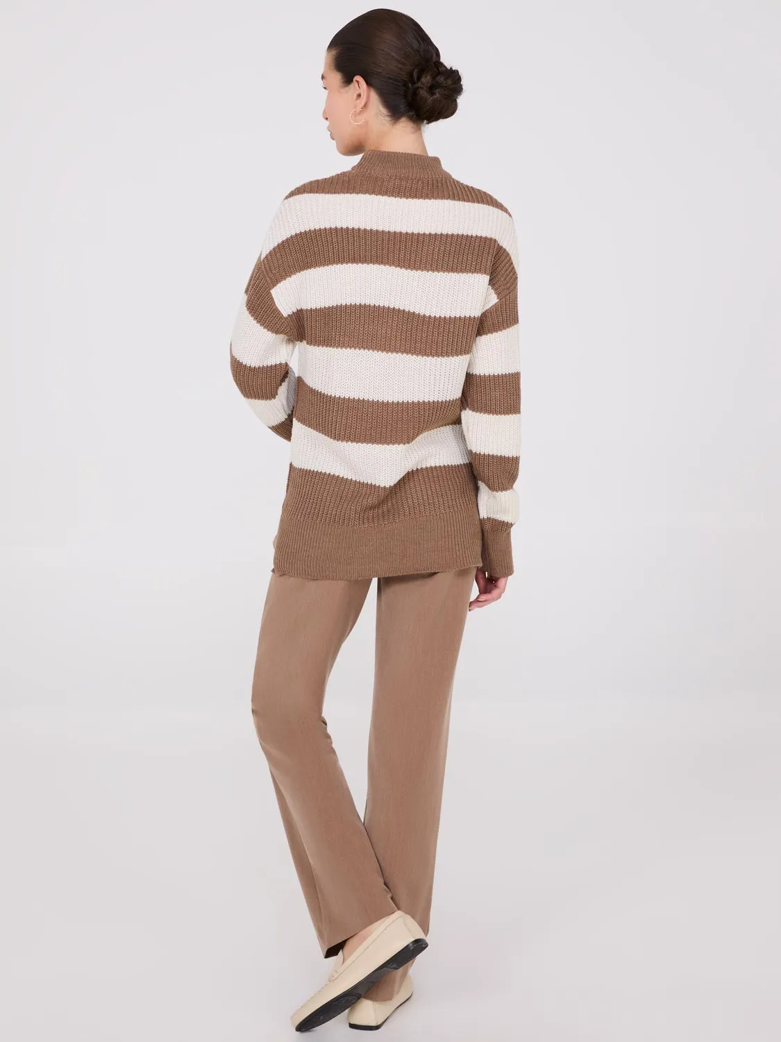 Striped Mock Neck Sweater With Side Slits