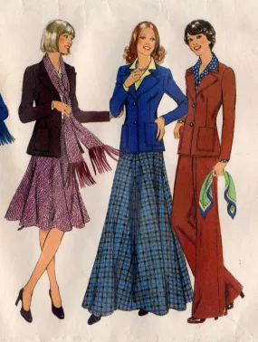 Style 1363 Womens Wide Lapel Jacket Flares & Skirt 1970s Vintage Sewing Pattern Size 12 Bust 34 inches