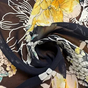 Teal and Yellow Flocked Floral Poly Chiffon Fabric