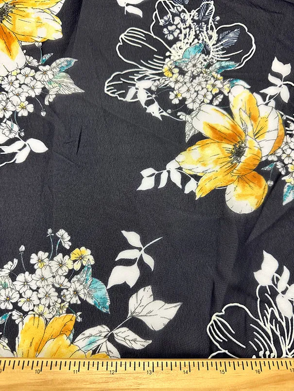 Teal and Yellow Flocked Floral Poly Chiffon Fabric