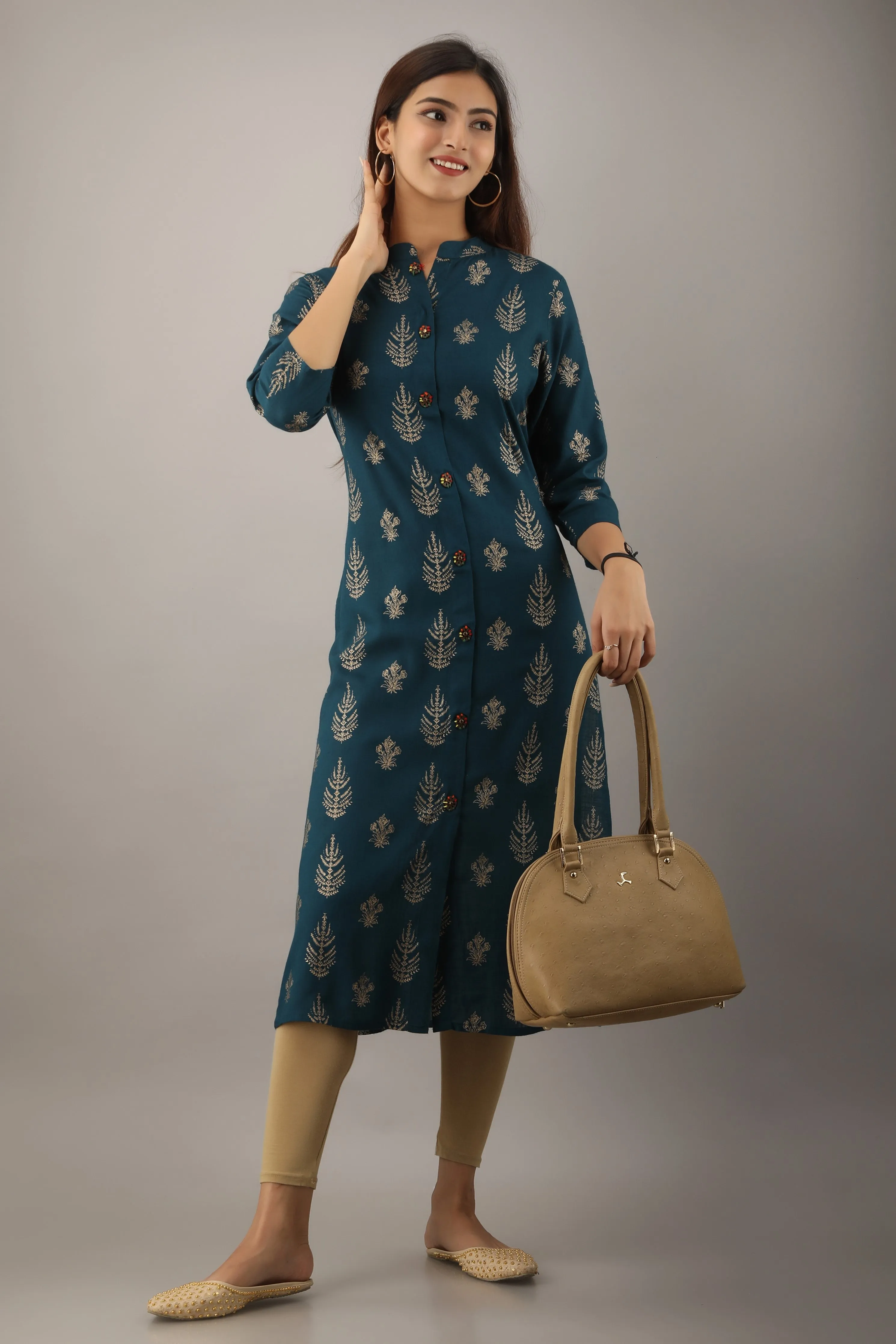 Teal Blue Rayon Slub Straight Womens Kurta