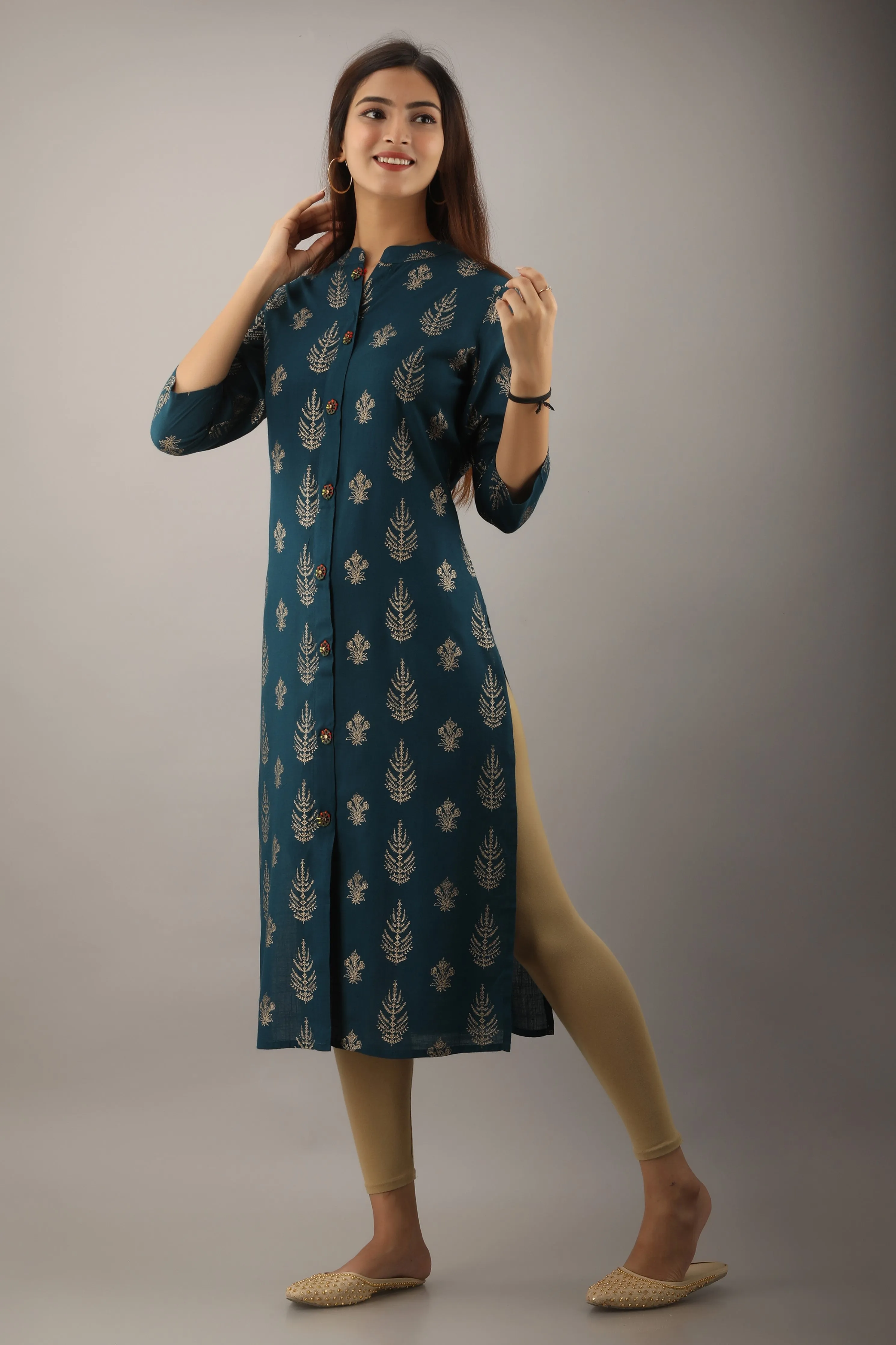 Teal Blue Rayon Slub Straight Womens Kurta