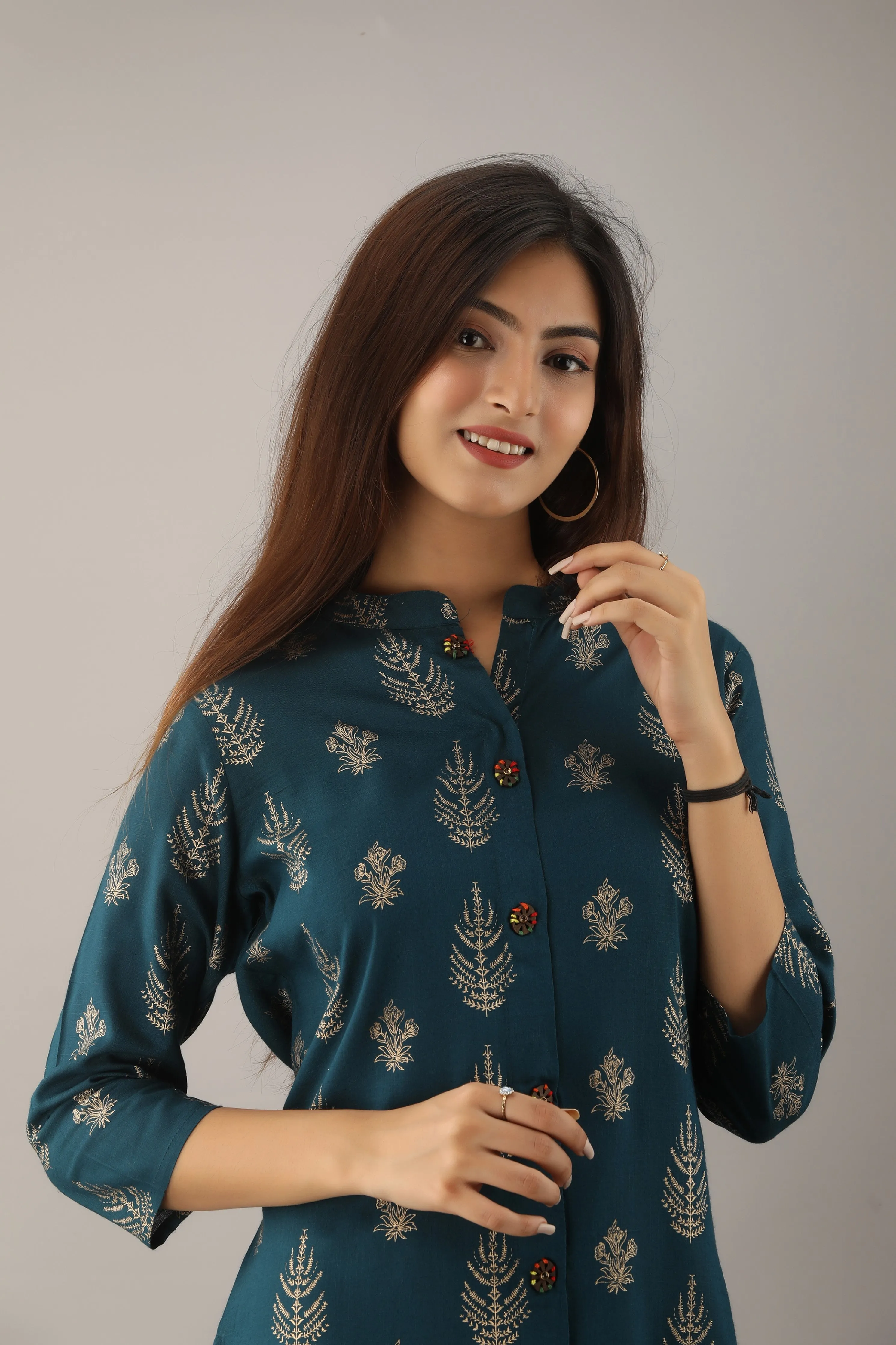 Teal Blue Rayon Slub Straight Womens Kurta