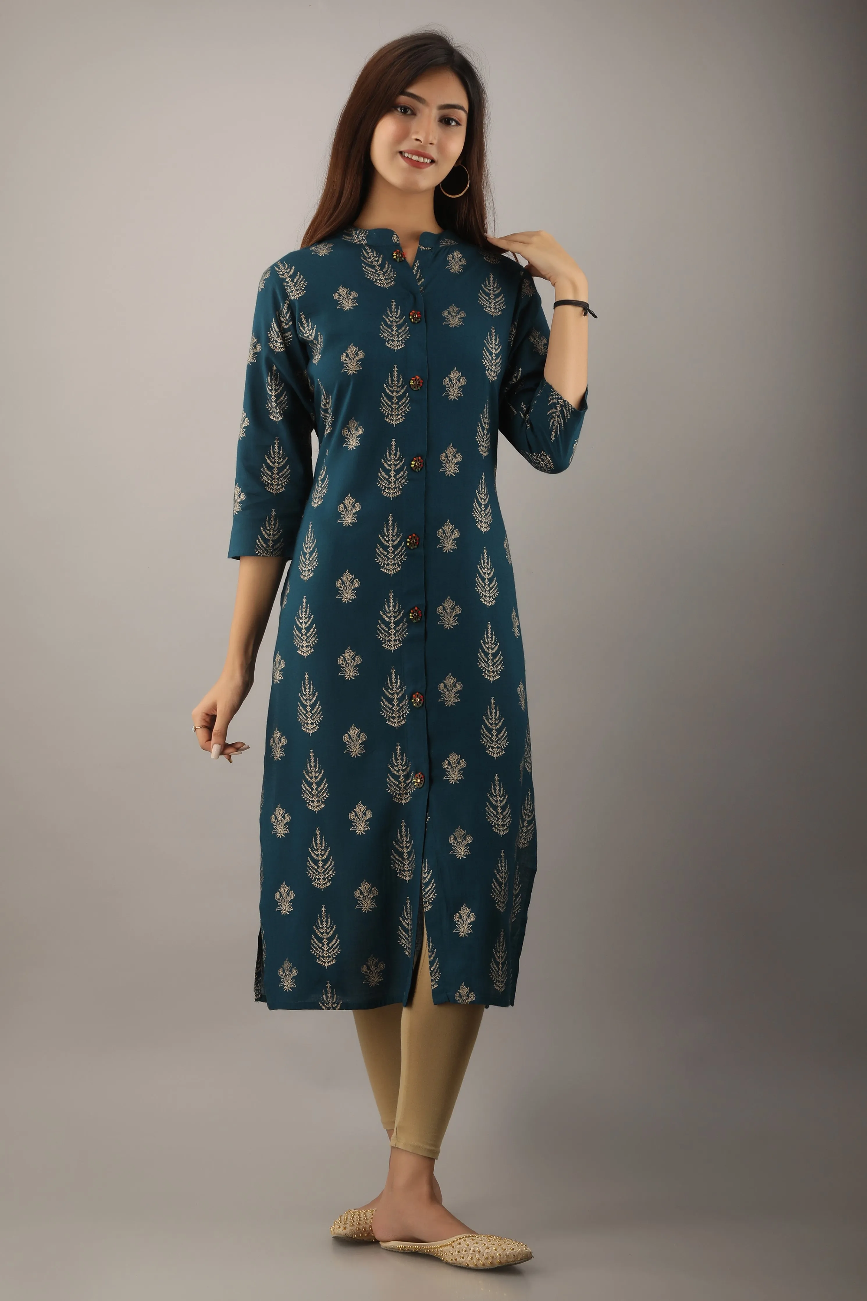 Teal Blue Rayon Slub Straight Womens Kurta