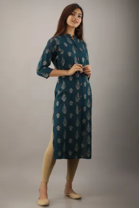 Teal Blue Rayon Slub Straight Womens Kurta