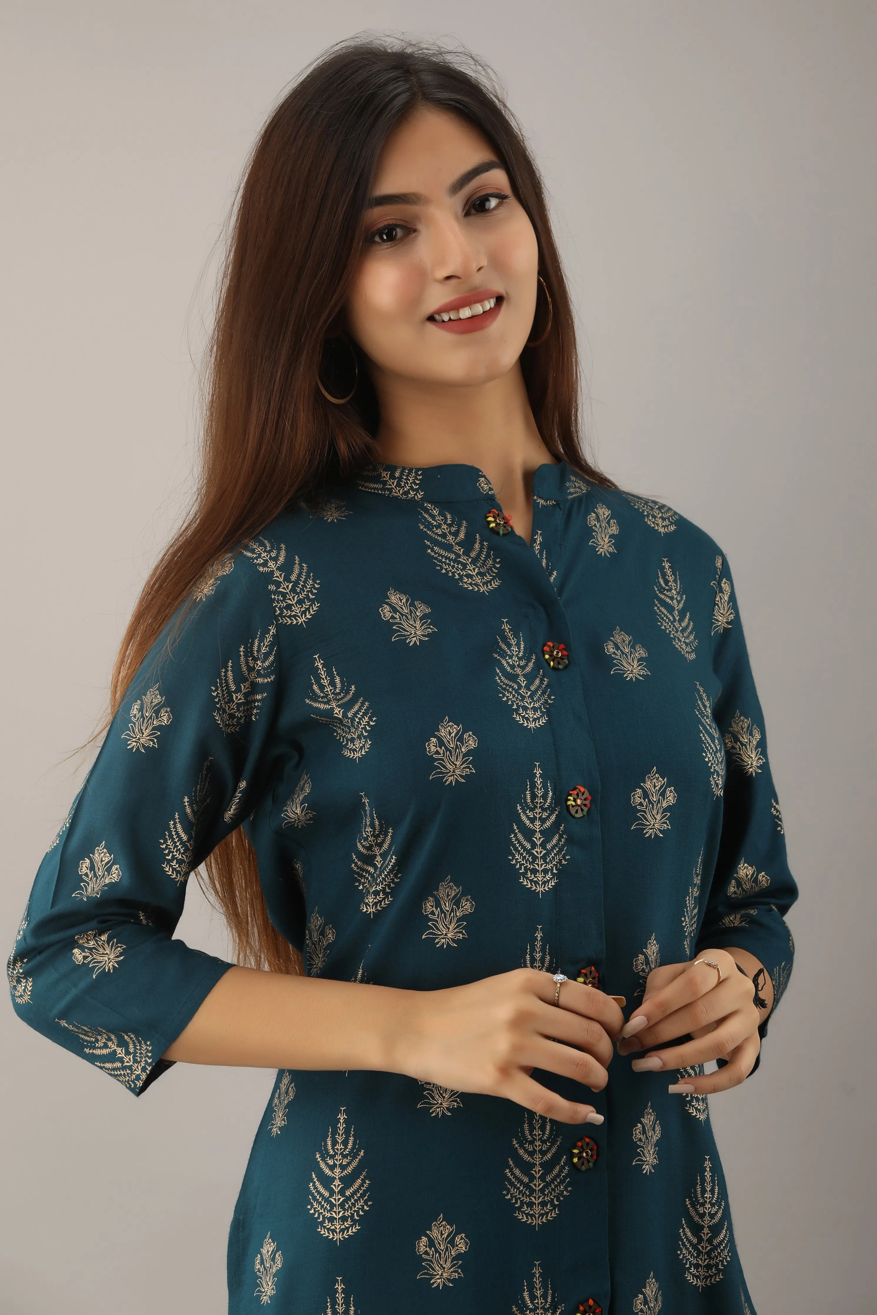 Teal Blue Rayon Slub Straight Womens Kurta