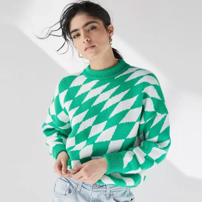 Unique Argyle Checkered Print High Neck Drop Shoulder Sweater