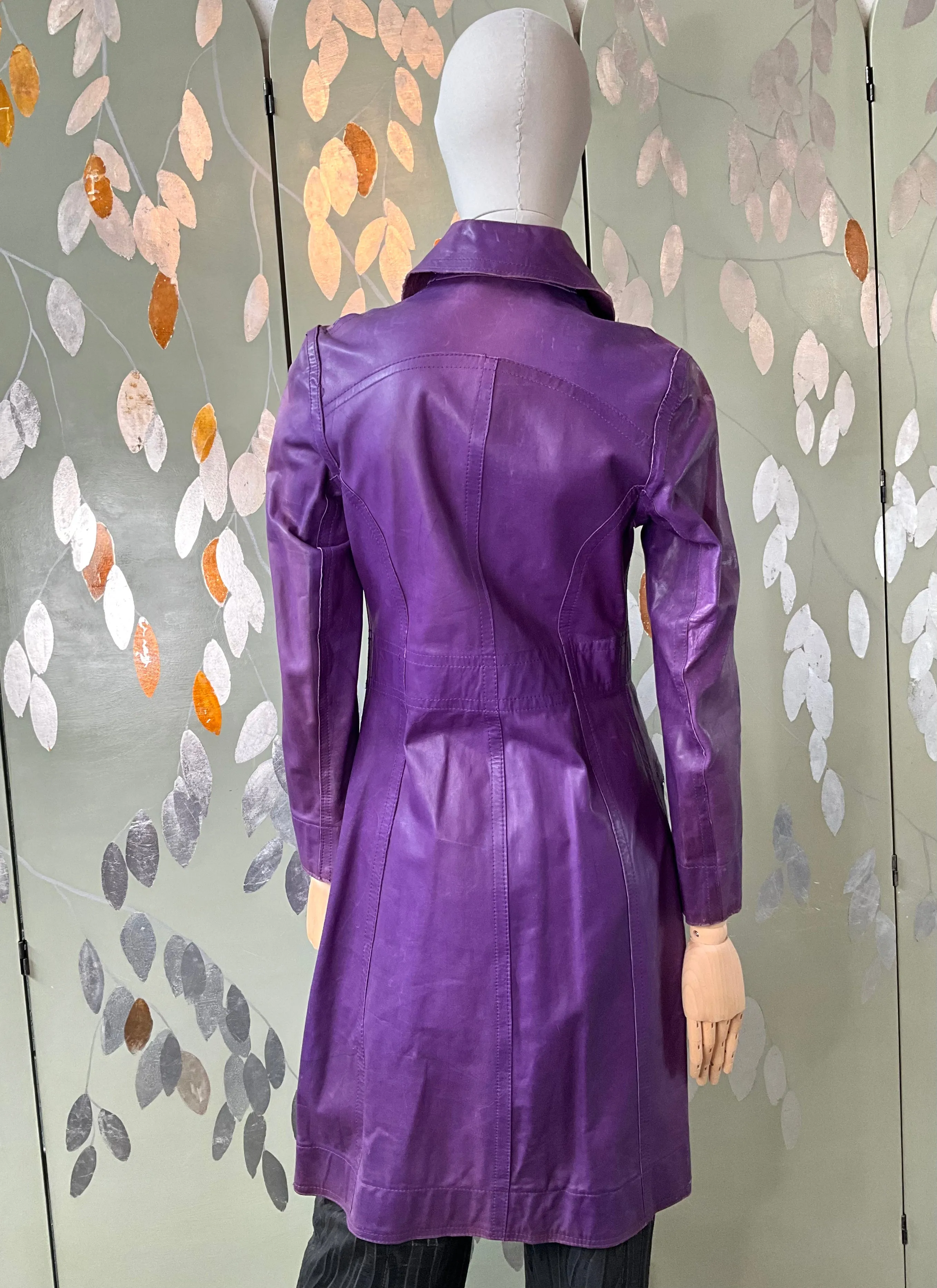 Vintage 1970s Purple Leather Reversible Snap Front Coat, XS