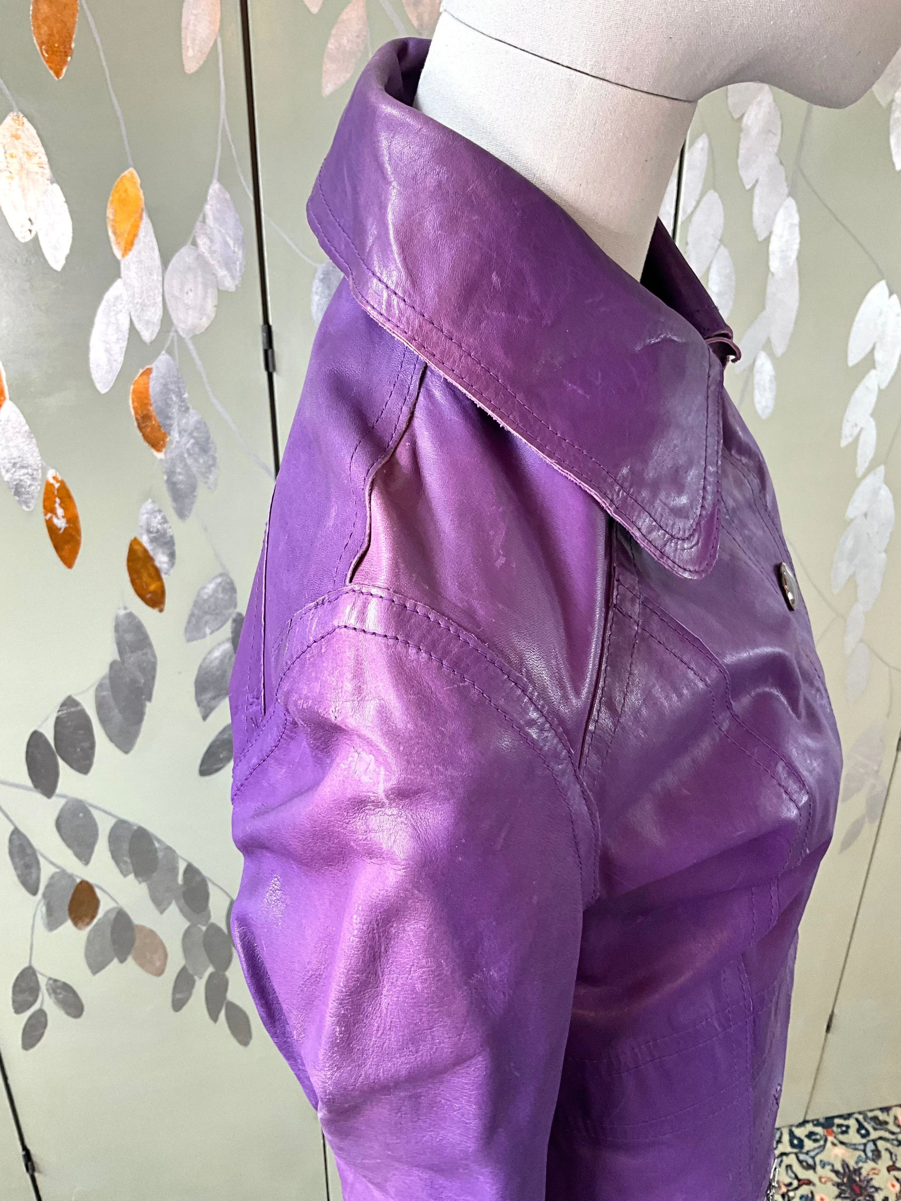 Vintage 1970s Purple Leather Reversible Snap Front Coat, XS