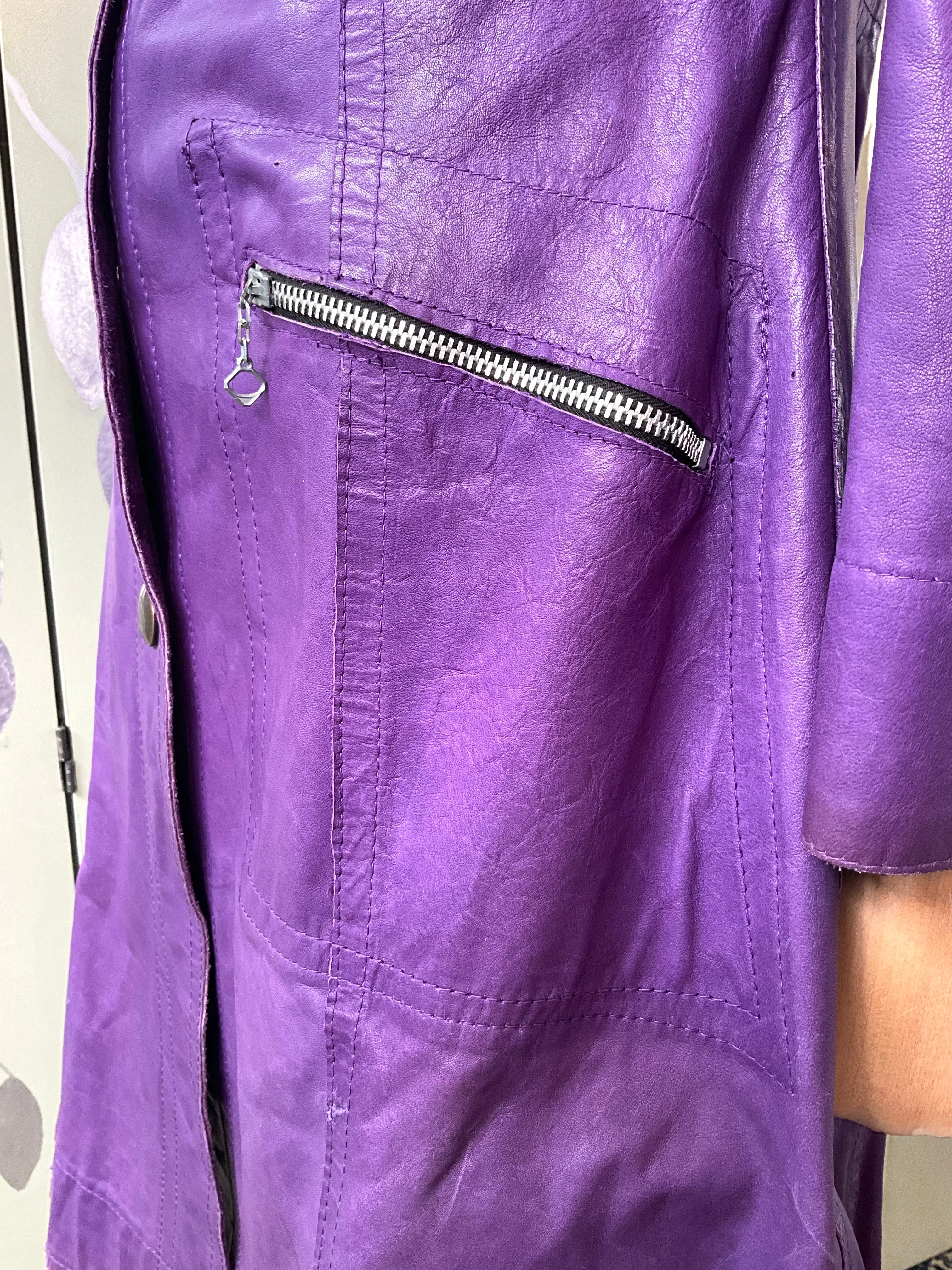 Vintage 1970s Purple Leather Reversible Snap Front Coat, XS