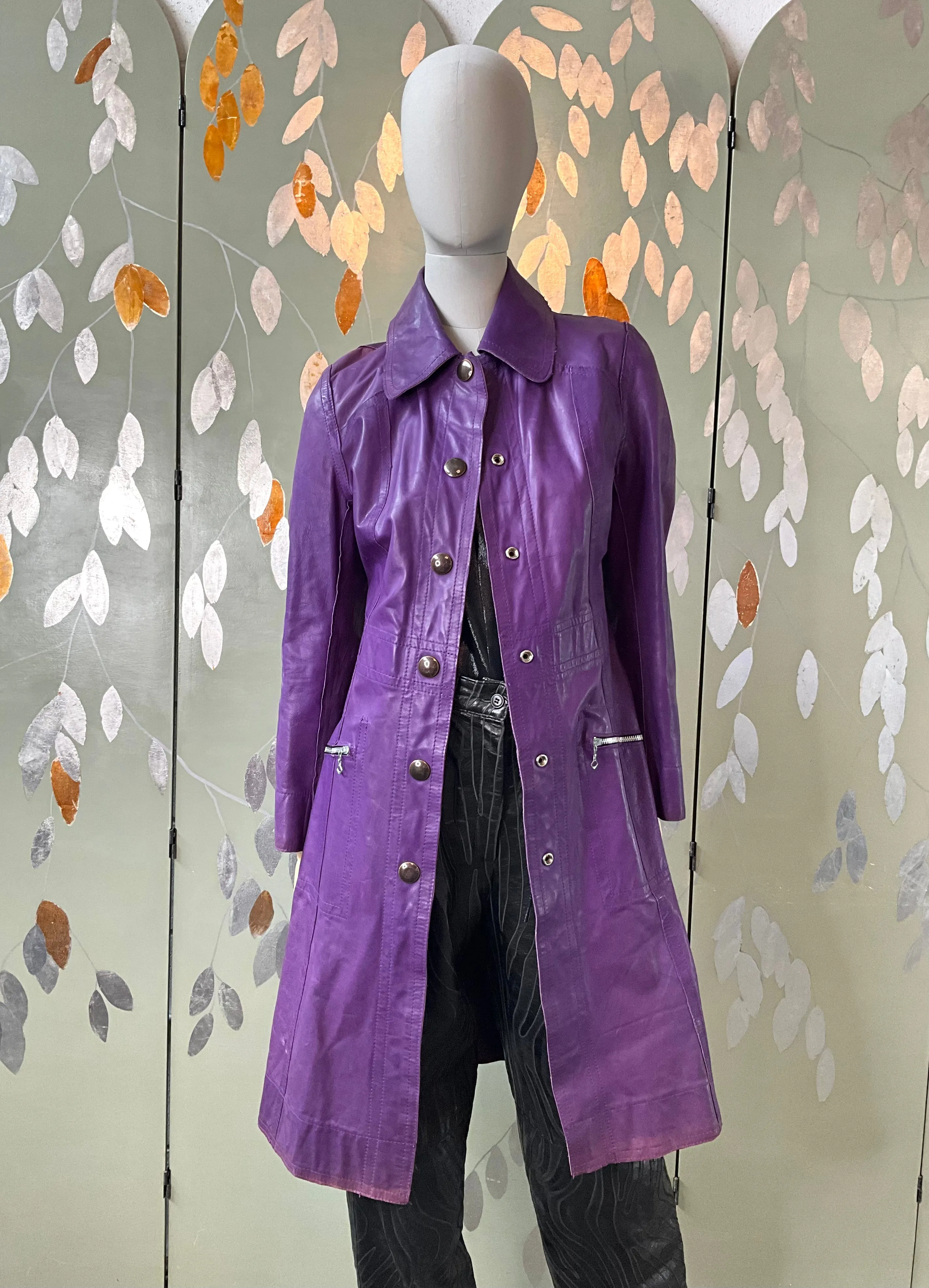 Vintage 1970s Purple Leather Reversible Snap Front Coat, XS