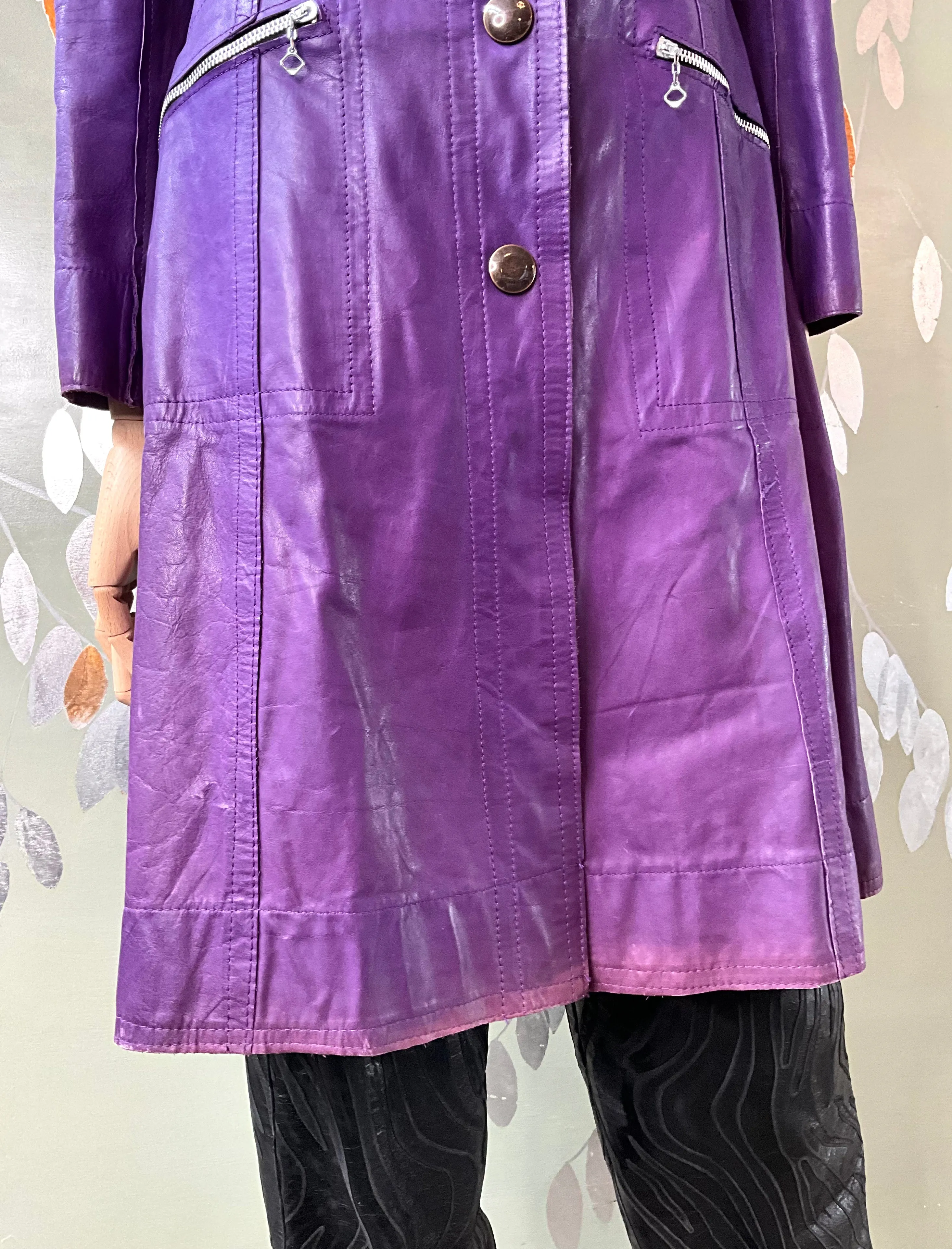 Vintage 1970s Purple Leather Reversible Snap Front Coat, XS