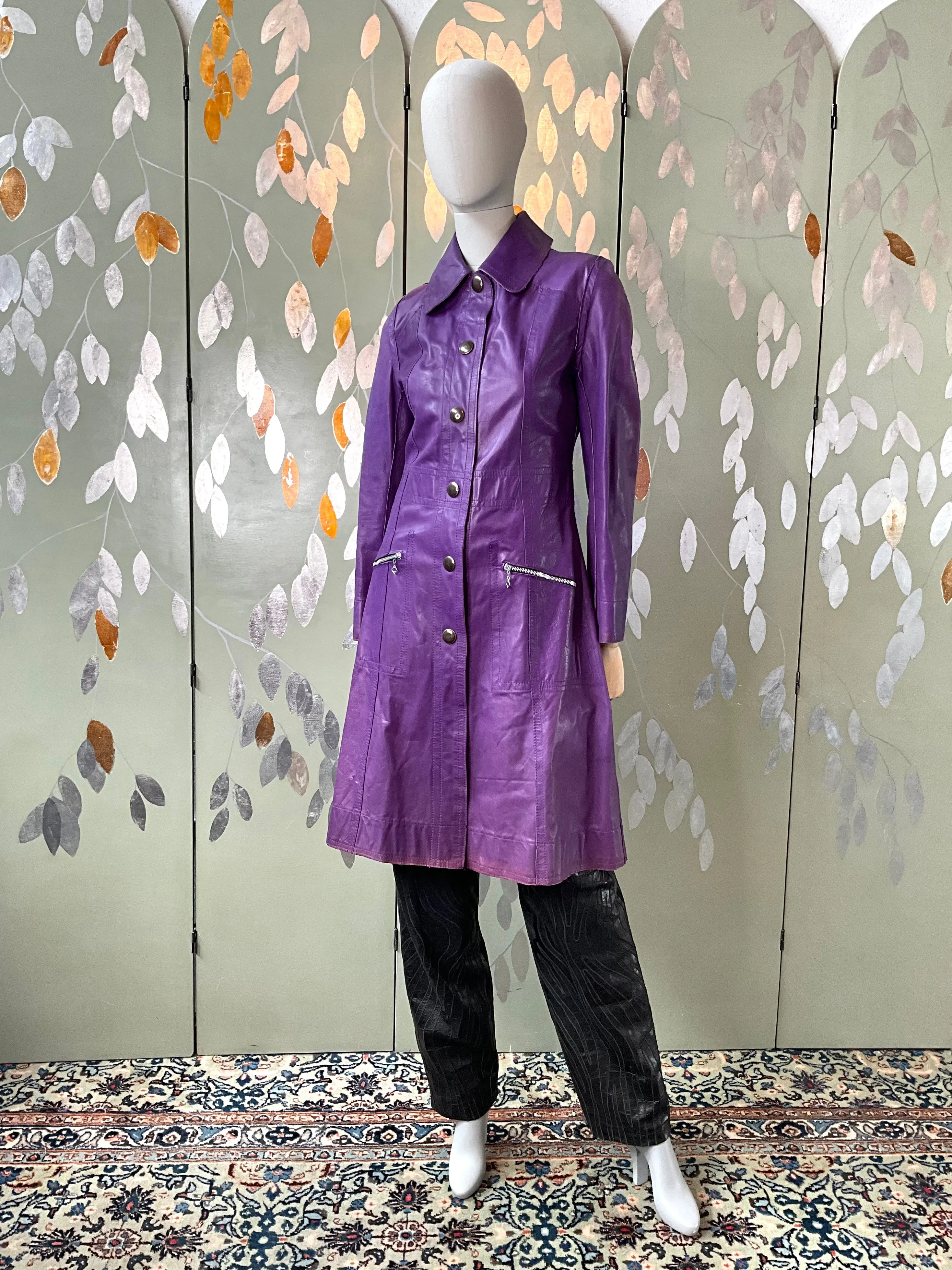 Vintage 1970s Purple Leather Reversible Snap Front Coat, XS