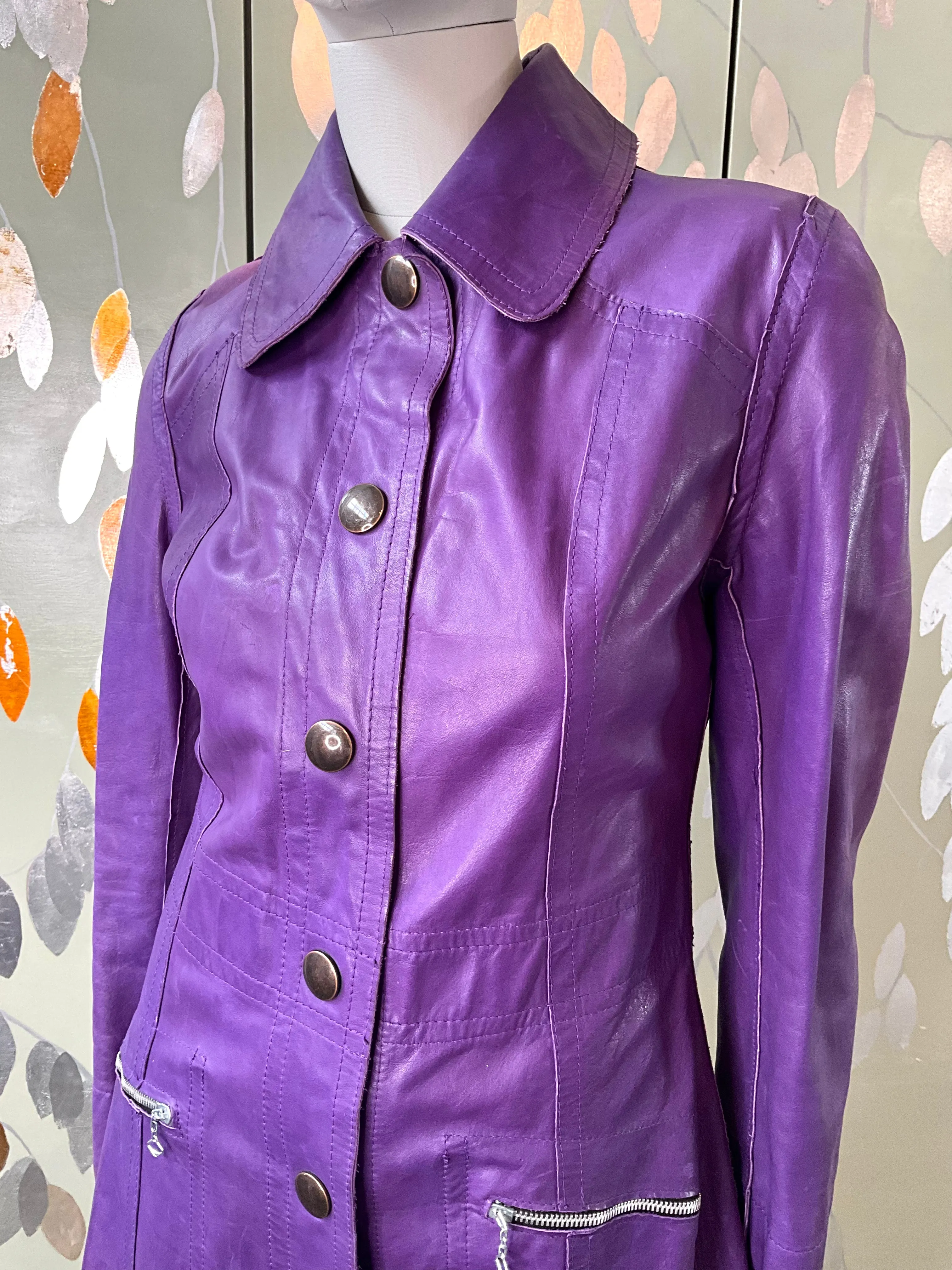 Vintage 1970s Purple Leather Reversible Snap Front Coat, XS