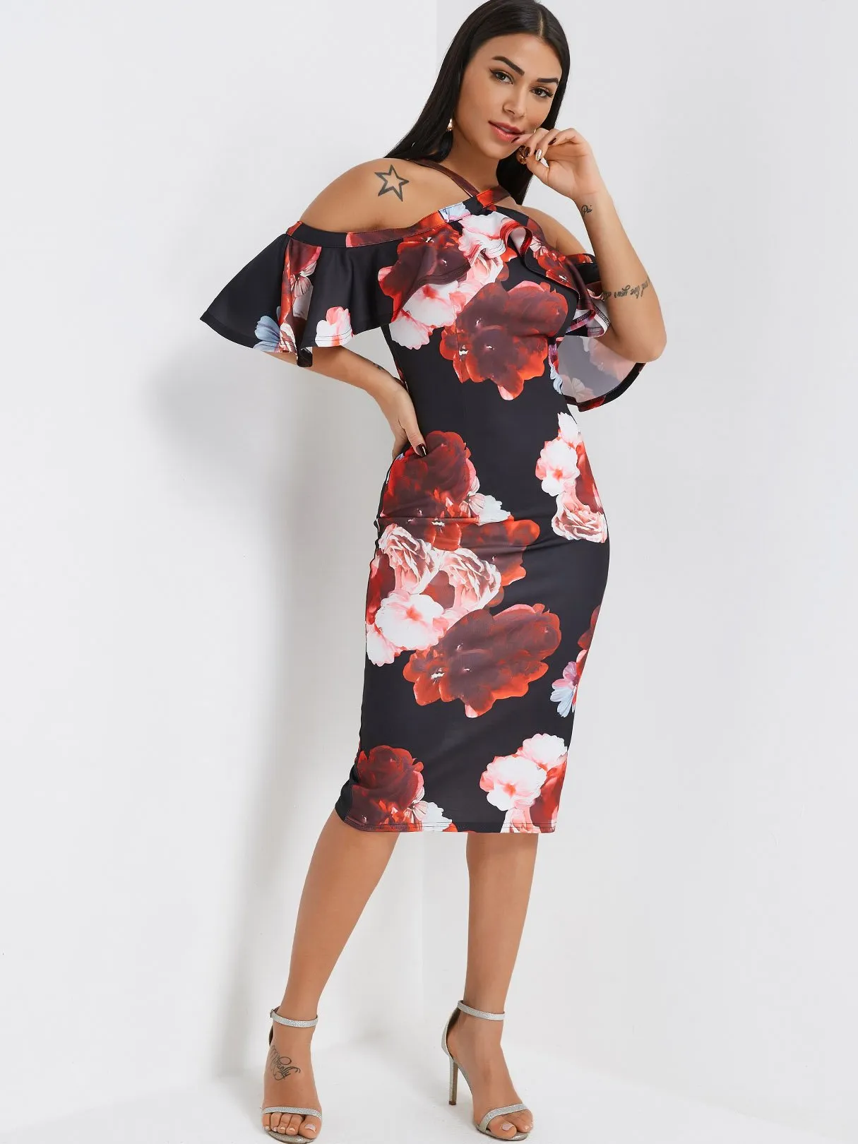 Wholesale Black Half Sleeve Floral Print Slit Hem Dress