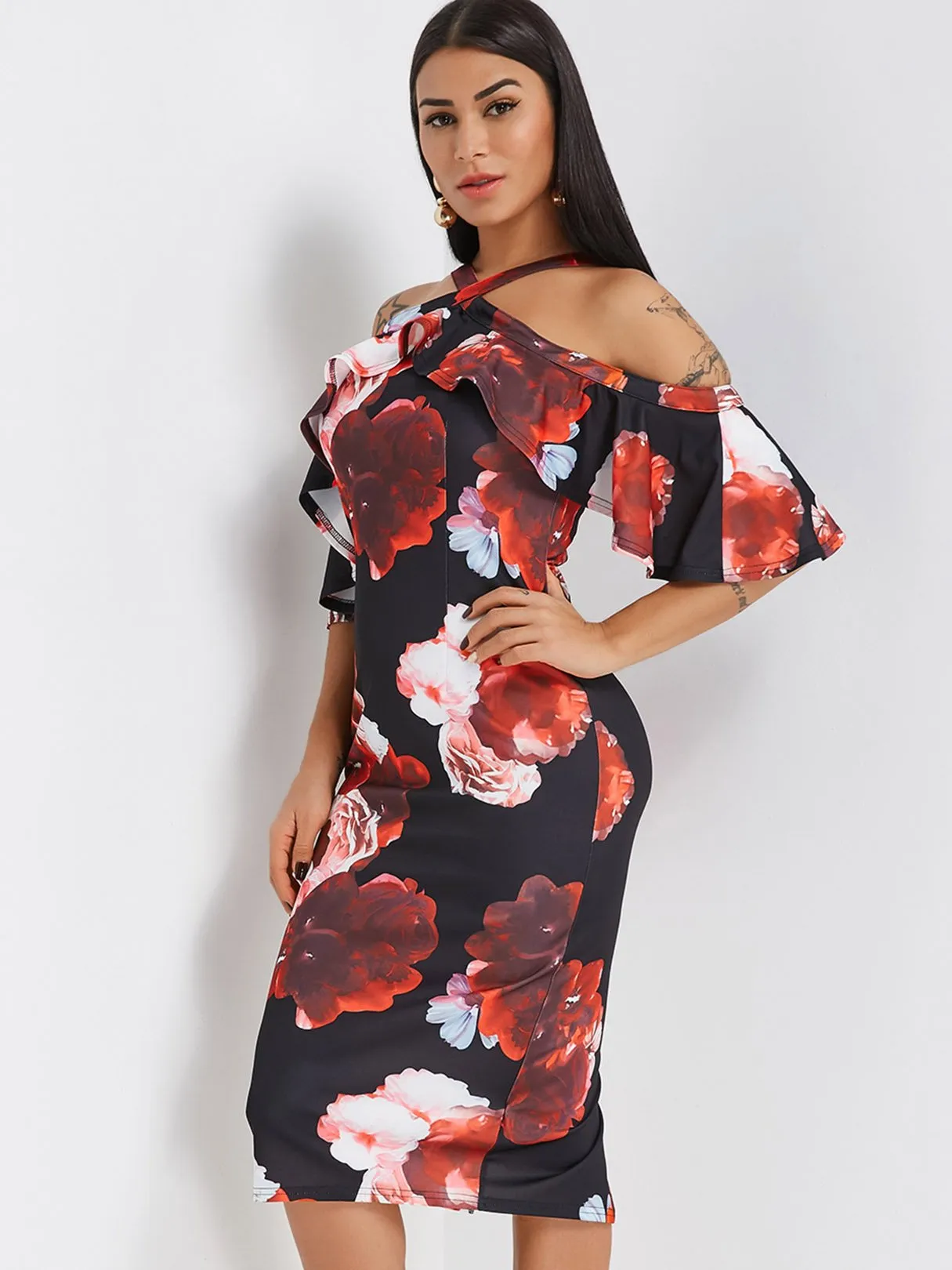 Wholesale Black Half Sleeve Floral Print Slit Hem Dress