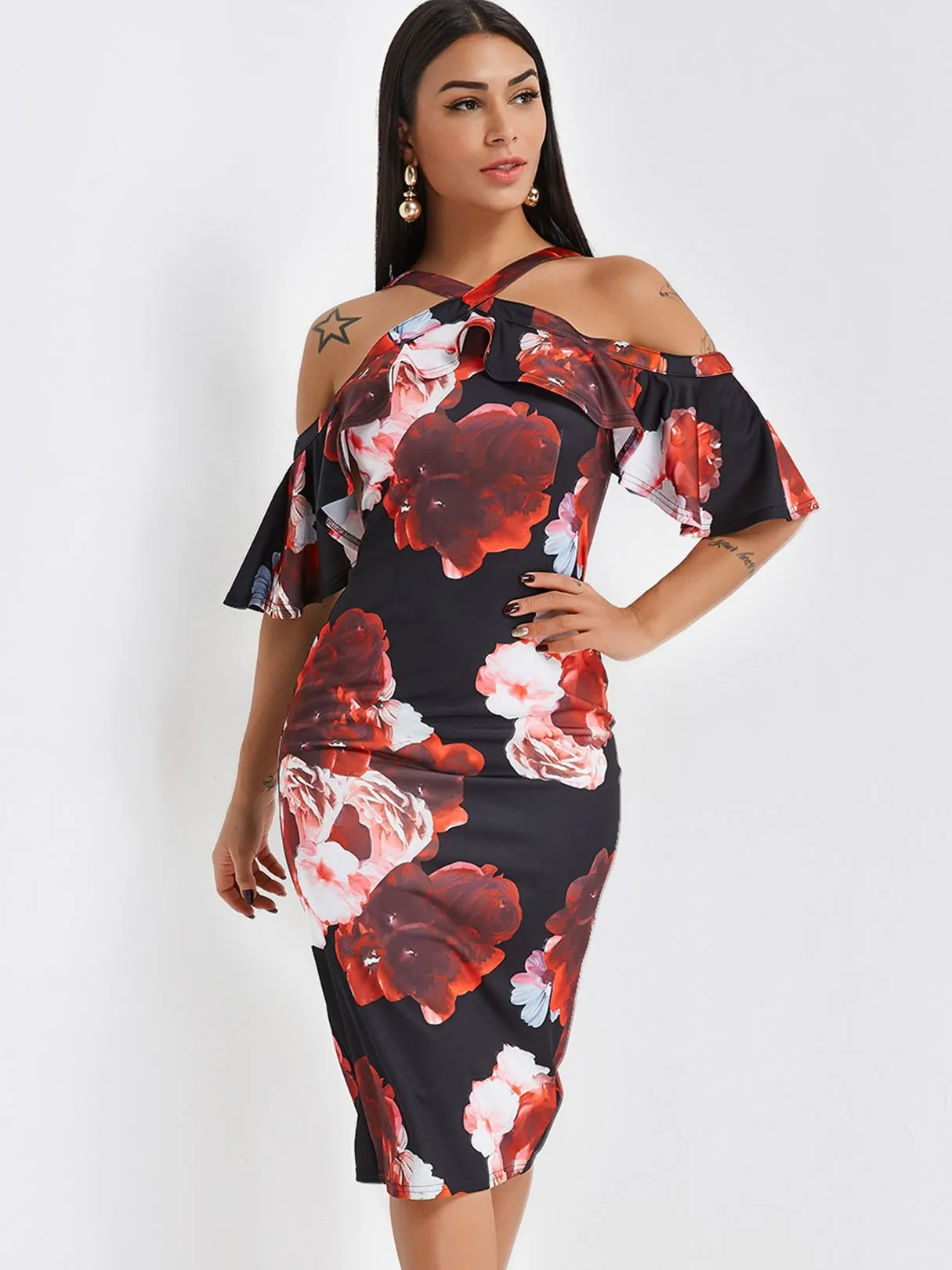 Wholesale Black Half Sleeve Floral Print Slit Hem Dress