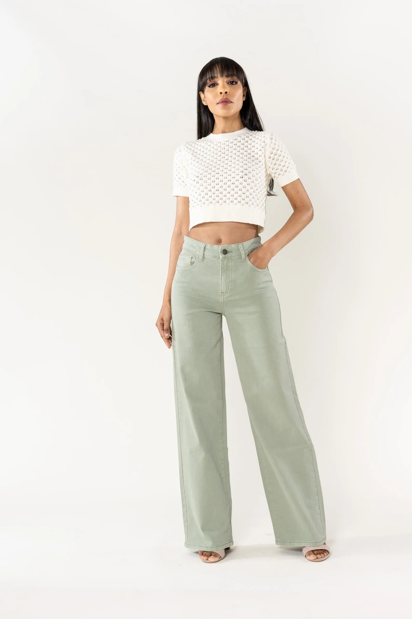 Wholesale Mole High Waist Wide Leg Flare Jeans Sage