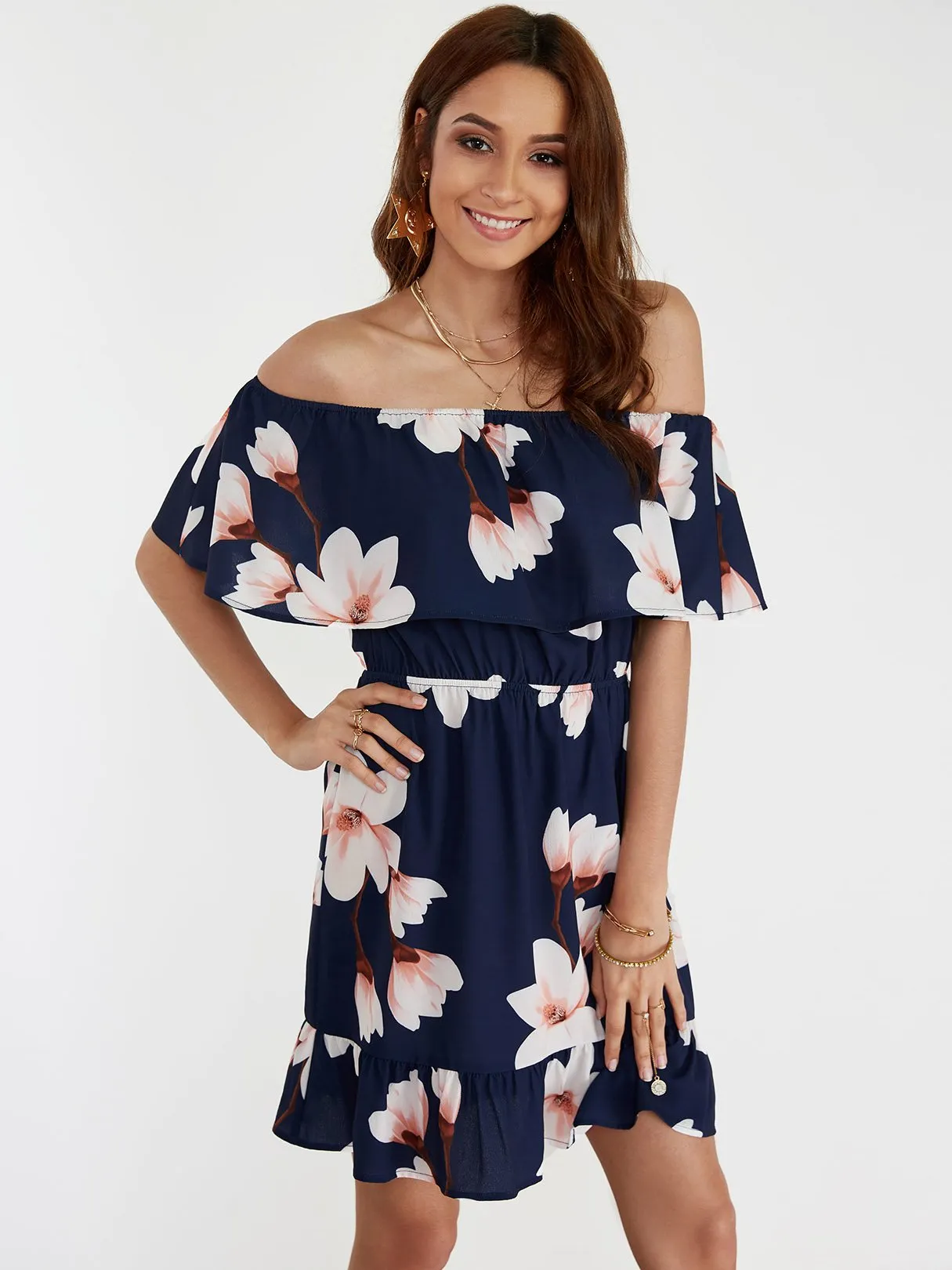 Wholesale Navy Off The Shoulder Short Sleeve Floral Print Tiered Ruffle Hem Dresses