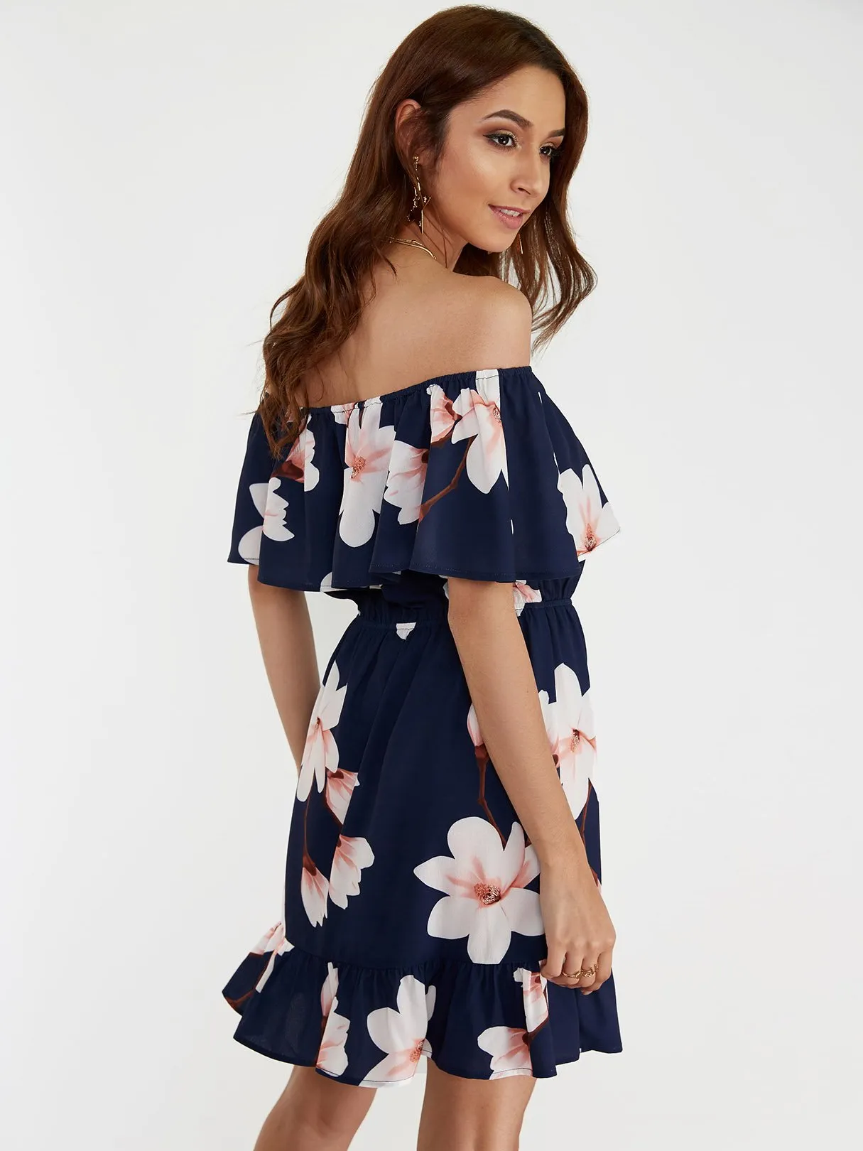 Wholesale Navy Off The Shoulder Short Sleeve Floral Print Tiered Ruffle Hem Dresses