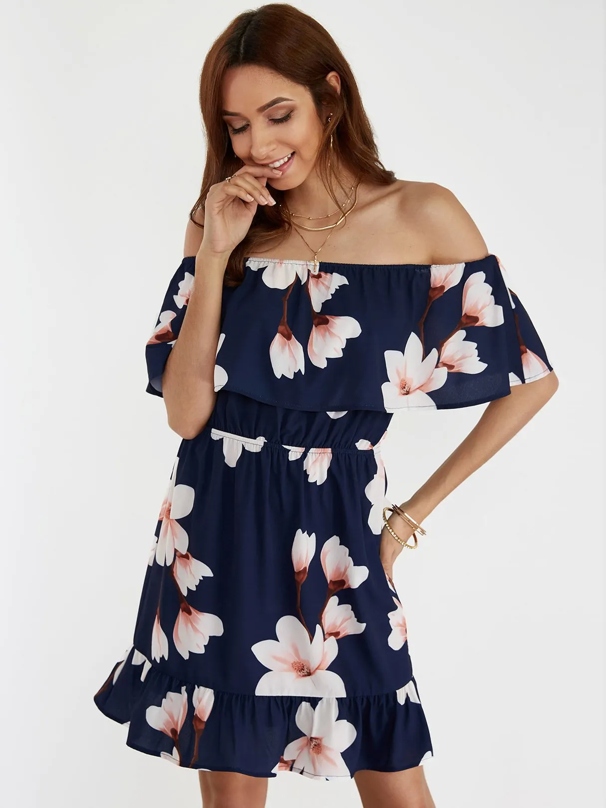 Wholesale Navy Off The Shoulder Short Sleeve Floral Print Tiered Ruffle Hem Dresses