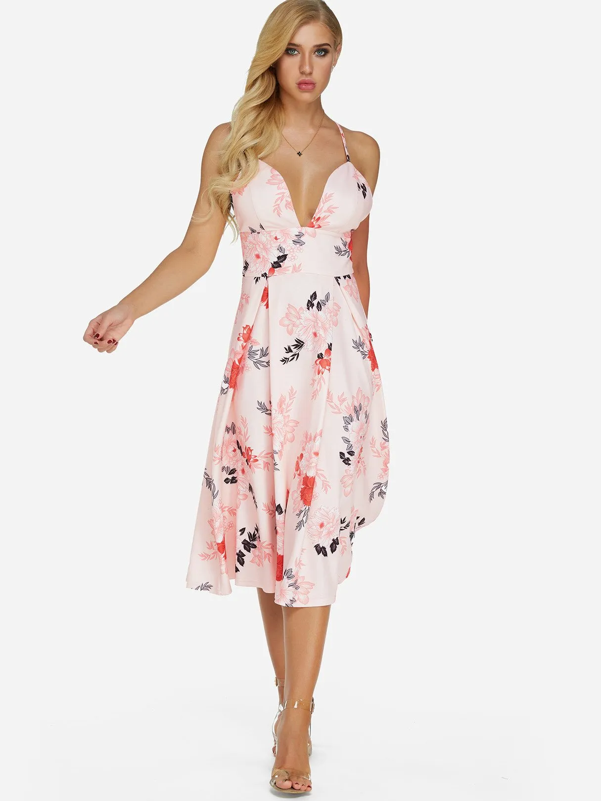 Wholesale Pink V-Neck Sleeveless Floral Print Backless High-Waisted Dresses