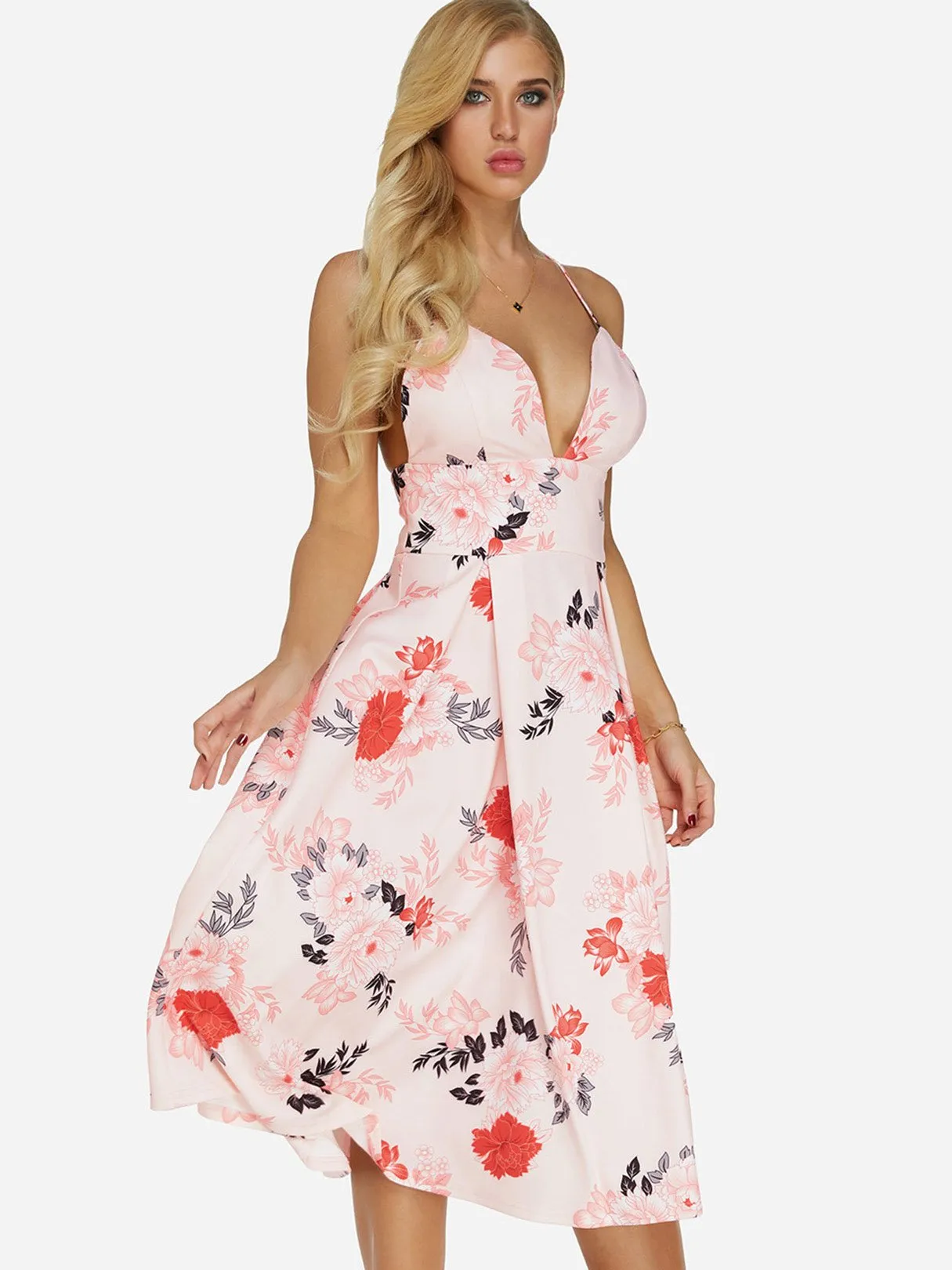 Wholesale Pink V-Neck Sleeveless Floral Print Backless High-Waisted Dresses