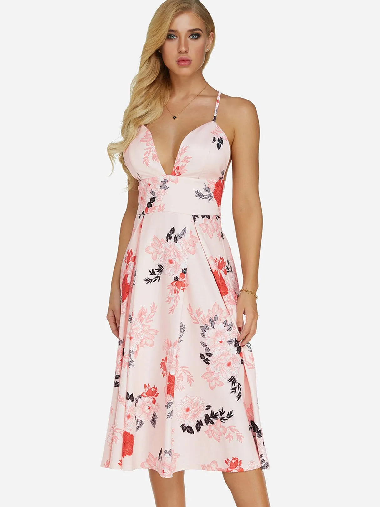 Wholesale Pink V-Neck Sleeveless Floral Print Backless High-Waisted Dresses