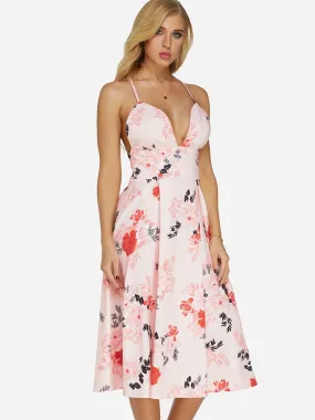 Wholesale Pink V-Neck Sleeveless Floral Print Backless High-Waisted Dresses