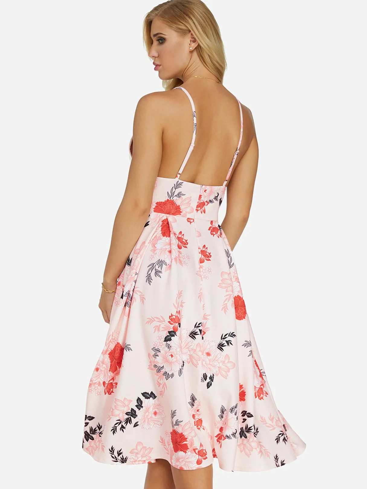 Wholesale Pink V-Neck Sleeveless Floral Print Backless High-Waisted Dresses