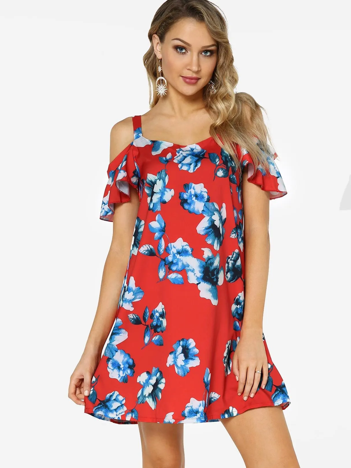 Wholesale Red V-Neck Cold Shoulder Short Sleeve Floral Print Dresses