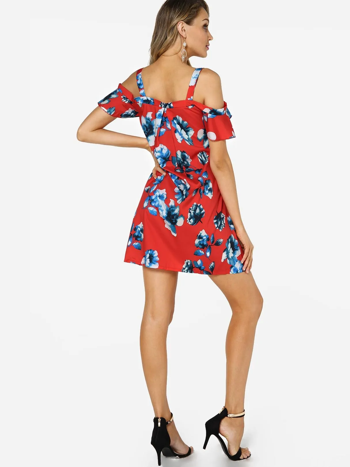 Wholesale Red V-Neck Cold Shoulder Short Sleeve Floral Print Dresses