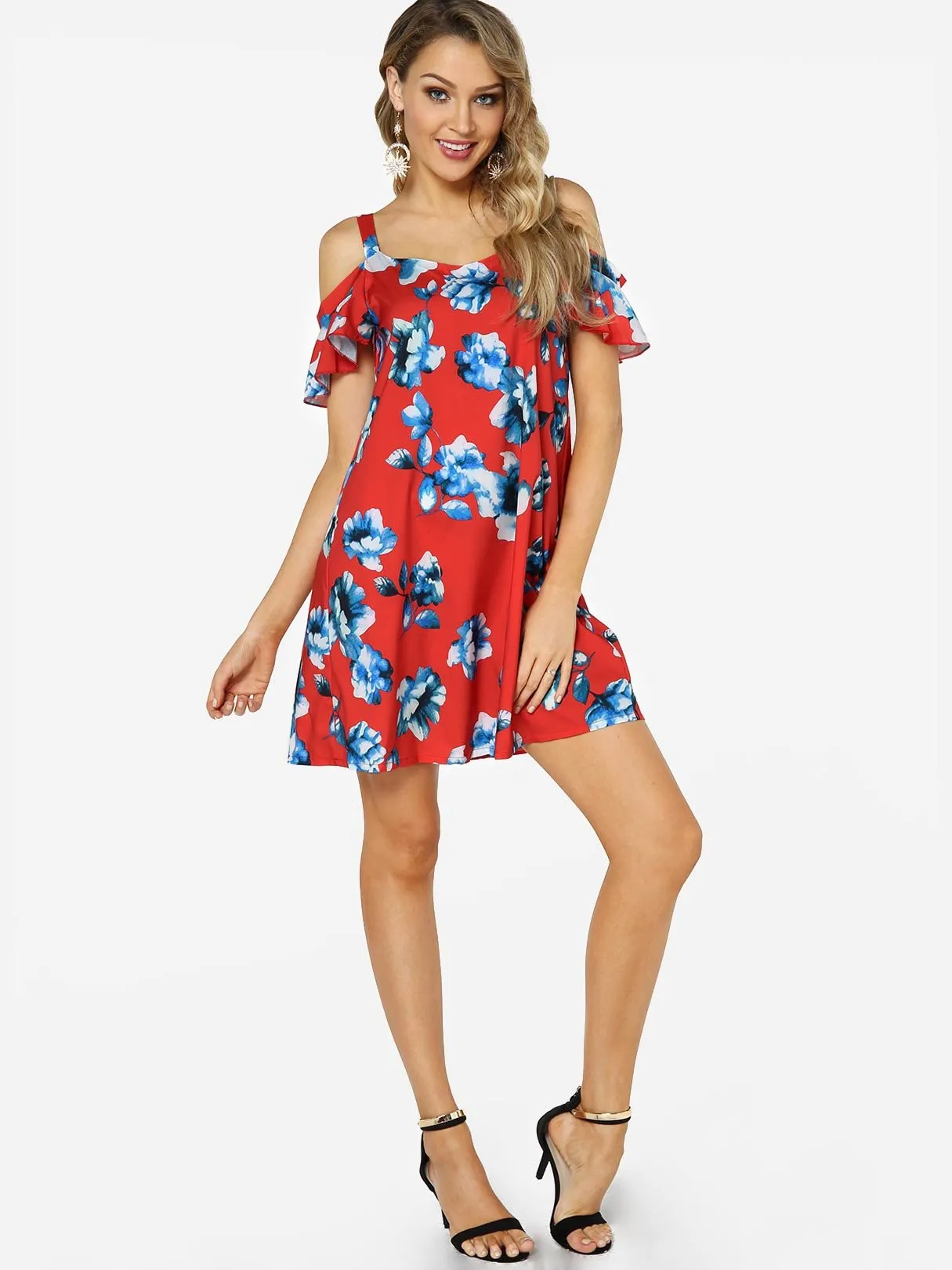 Wholesale Red V-Neck Cold Shoulder Short Sleeve Floral Print Dresses