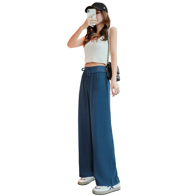 Wide Leg Women Summer Drape Ankle-Length High Waist Cool Straight Loose Casual Floor Length Long Pants