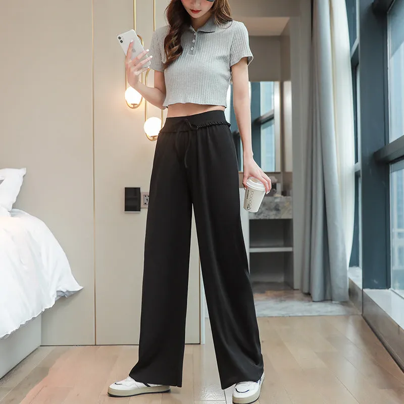 Wide Leg Women Summer Drape Ankle-Length High Waist Cool Straight Loose Casual Floor Length Long Pants