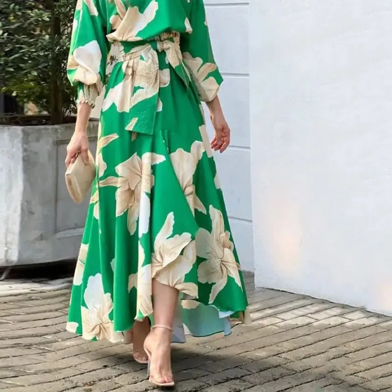 Women Maxi Dress Fashion Casual Floral Print Lantern Long Sleeve Streetwear B-28496