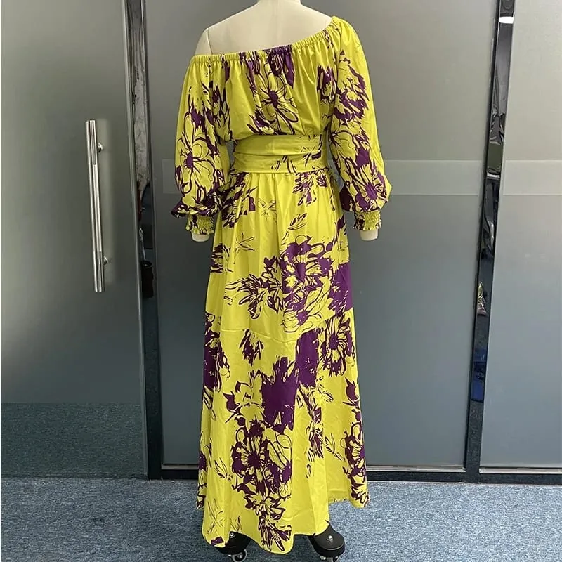 Women Maxi Dress Fashion Casual Floral Print Lantern Long Sleeve Streetwear B-28496